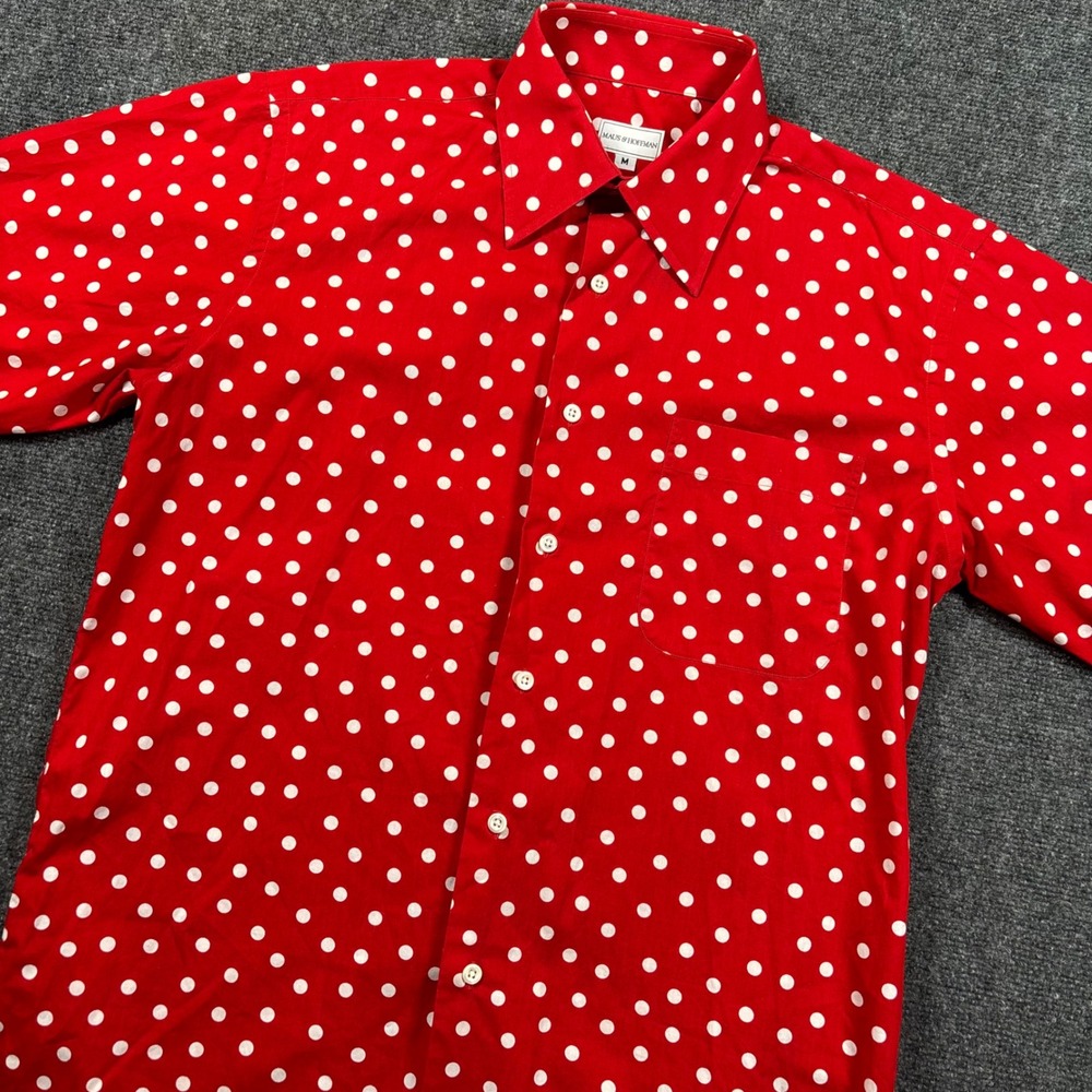 Maus & Hoffman Button Down Shirt Mens Medium Red Polka Dot Short Sleeve Cotton